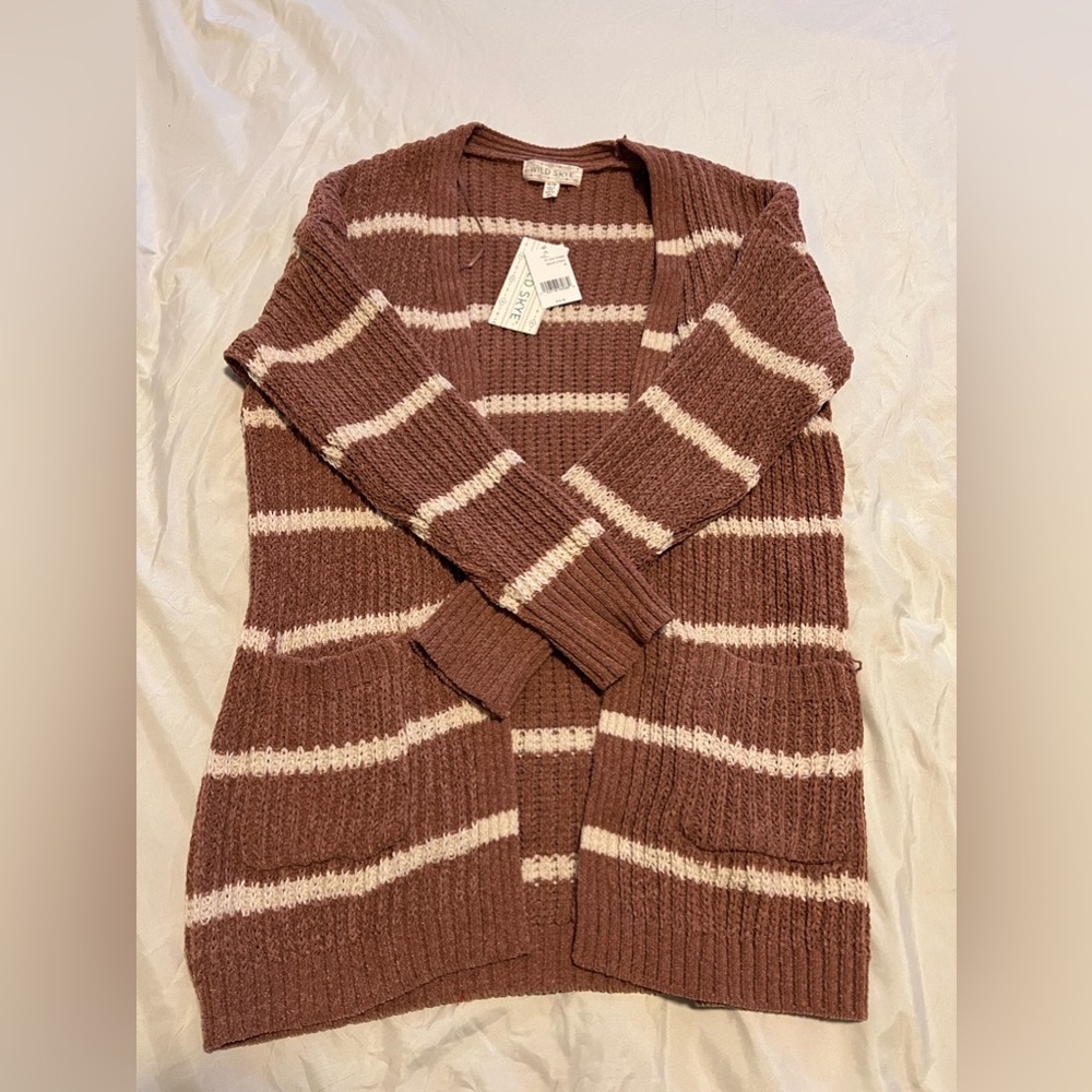 Dusty Pink and White Striped Cable Knit Cardigan